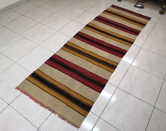 May include: A long, narrow, striped rug with a fringe. The rug has alternating stripes of red, black, yellow, and white.