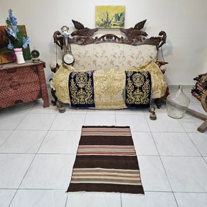 Small Turkish rug 2.2 x 3.4 ft Colorful rug for living room Brown kilim rug Wool kitchen rug Brown vintage rug Colorful striped kilim rug