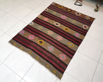 Striped Turkish Kilim Rug, Colorful Wool Rug (3.9 x 5.2 ft)