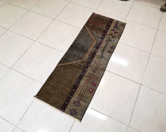 Brown Wool Turkish Runner Rug, Small Vintage Bohemian Rug (1.7 x 4.7 ft)