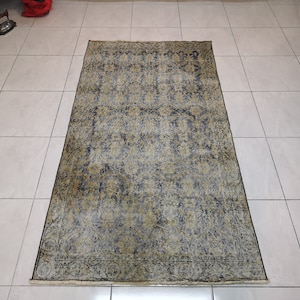 3.5 x 3.9 ft Blue unique rug Turkish vintage rug Blue rug for living room Vintage area rug Handmade blue rug Well worn wool rug Blue rugs