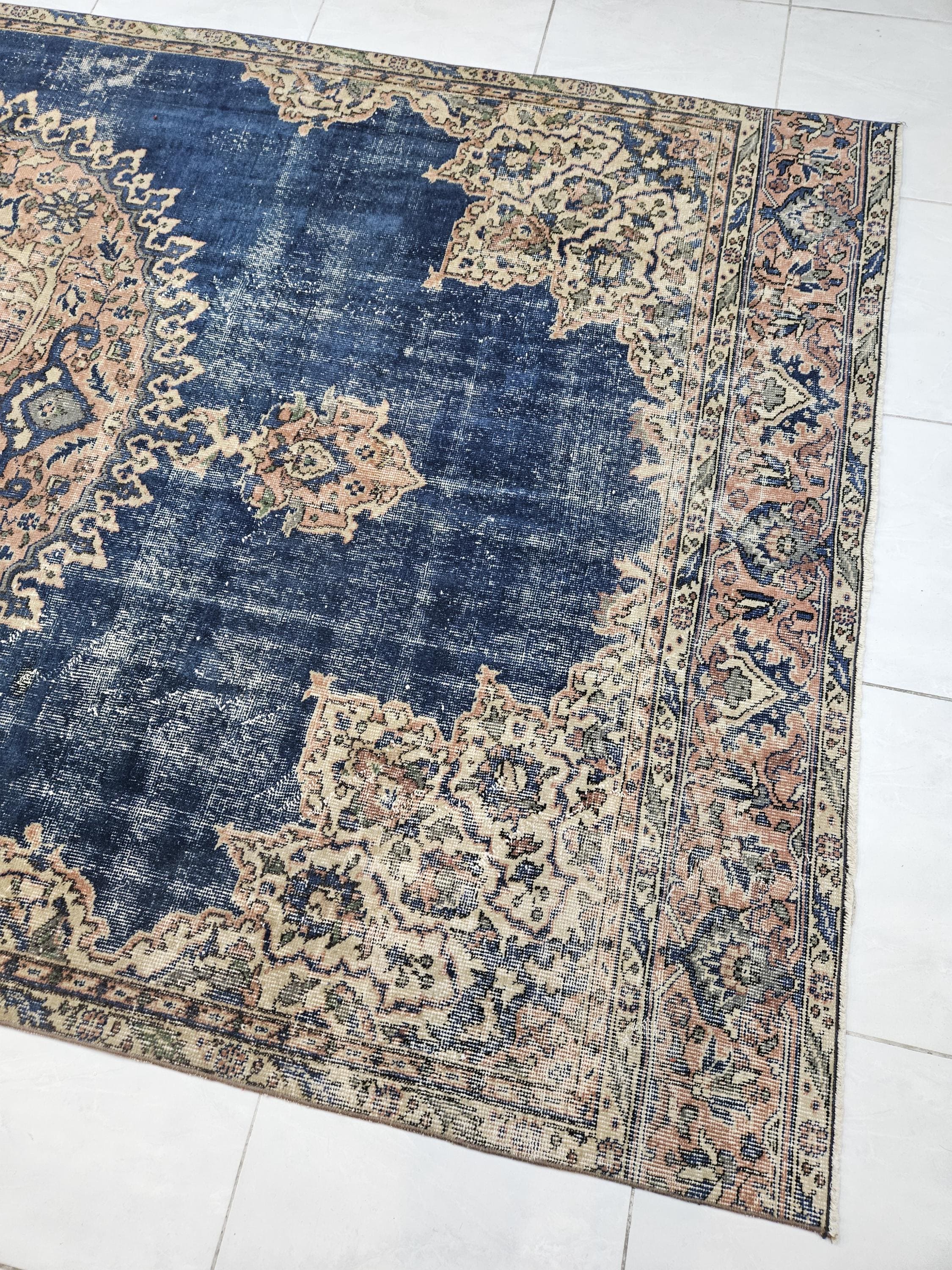Large Vintage Turkish Rug, 5.7x11.3 Ft, Navy Blue Beige Medallion