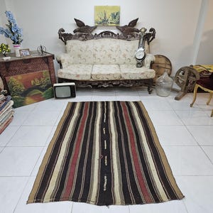 4.3 x 6.6 ft Vintage Anatolian Wool Kilim Rug, Handwoven Striped Flatweave Carpet in Red, Black, and Beige, Ideal for Living Room or Hallway