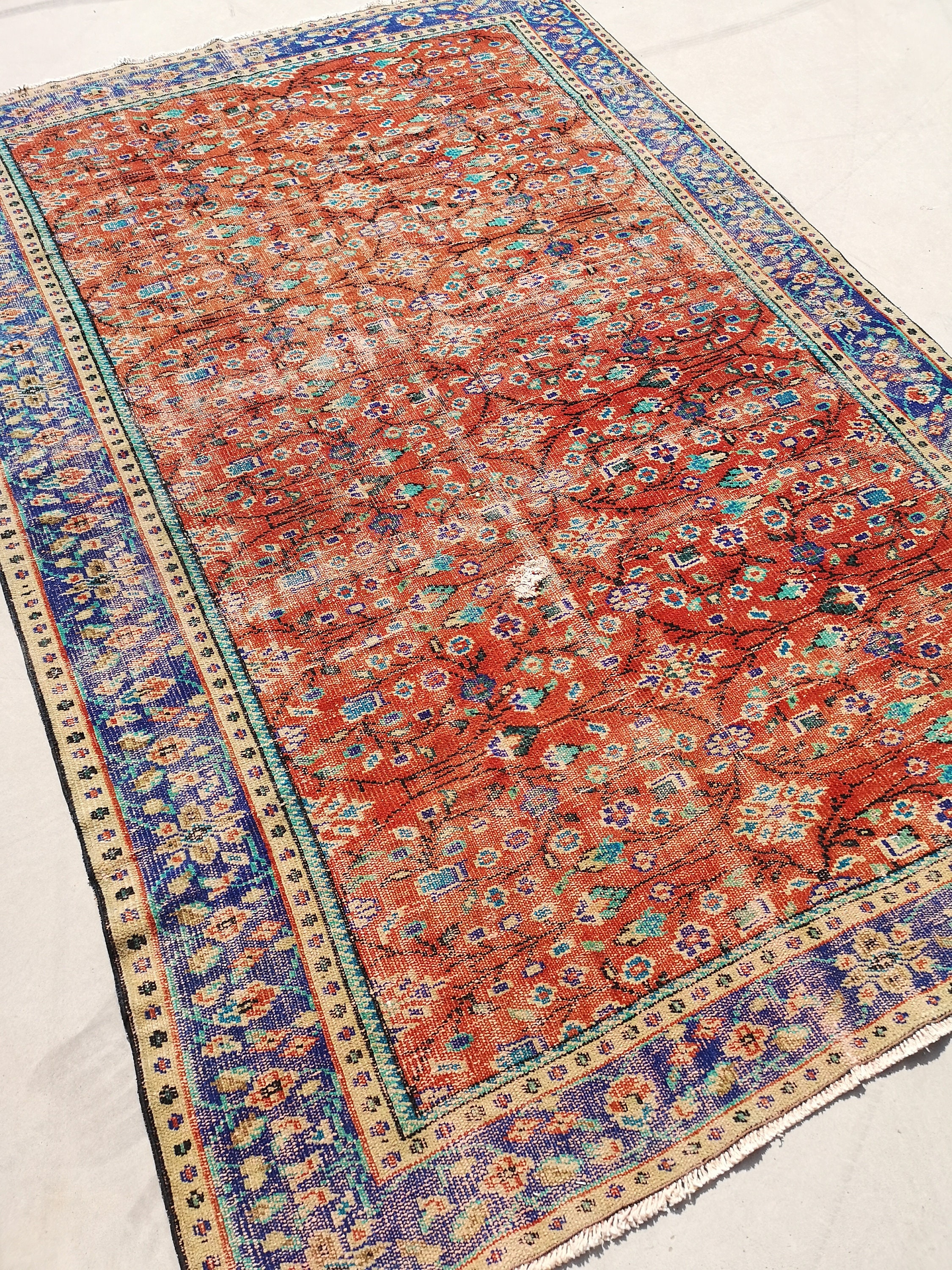 オレンジトルコ製ヴィンテージラグ、5.9 x 8.9フィート、ブルー