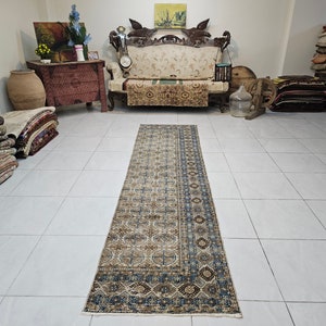 Beige runner rug 2.4 x 9.4 ft Turkish runner rug Blue hallway runner Turkish rug for living room Bohemian runner rug Turkish vintage carpet