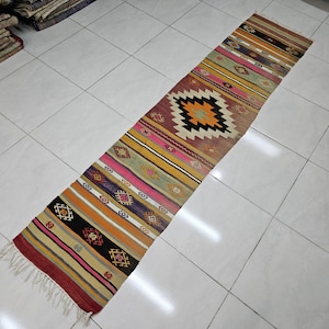 May include: A long, narrow rug with a colorful geometric pattern. The rug has stripes of red, orange, yellow, green, blue, and purple. The center of the rug features a large diamond shape with a smaller diamond inside.