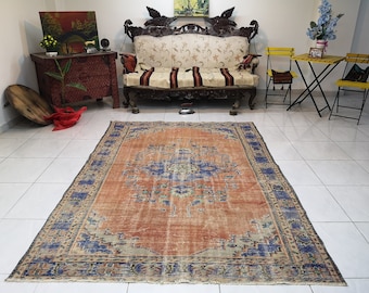 オレンジ色のトルコ絨毯（5.4x7.8フィート）：ヴィンテージウールの