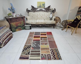 Colorful Turkish Patchwork Rug (3.9 x 5.9 ft), Handmade Wool Carpet