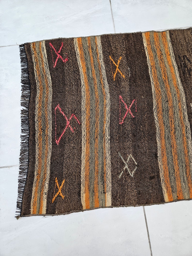 Small kilim rug 2 x 4.3 ft Orange striped rug Old rug for living room Handmade wool rug Turkish kilim rug Brown kilim rug Small brown rug image 6