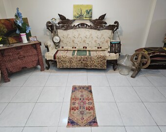 Green Turkish Rug, Small Vintage Woven Carpet (1.3 x 3 ft)