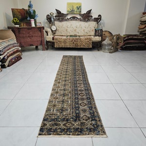 Bohemian runner rug 1.9 x 9.3 ft Turkish vintage carpet Beige runner rug Turkish runner rug Blue hallway runner Turkish rug for living room