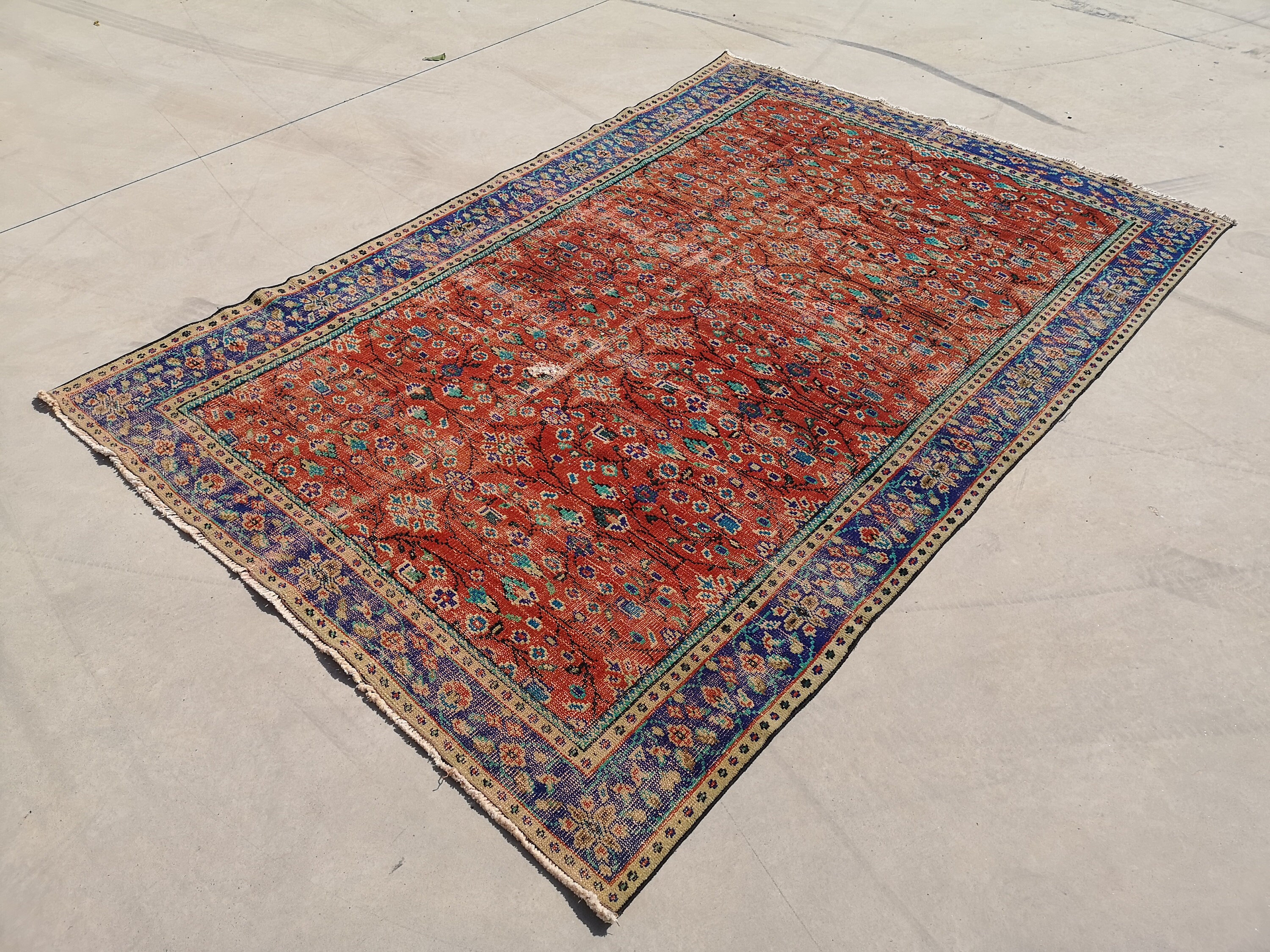 オレンジトルコ製ヴィンテージラグ、5.9 x 8.9フィート、ブルー