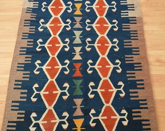 Vintage Turkish Kilim Rug 3.4x6.8 Ft, Blue Tribal Wool Area Rug - Etsy