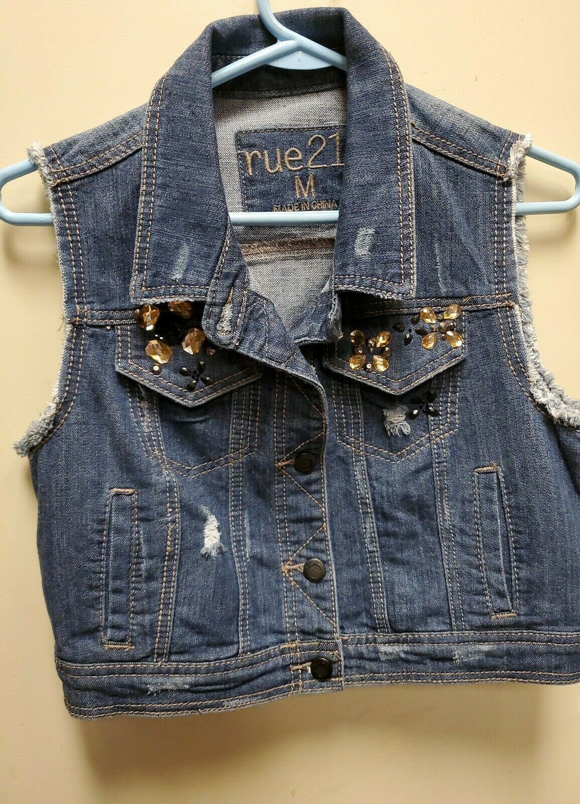Rue 21 with Distressed Blue Denim Vest Size Medium with Embellishments Pockets