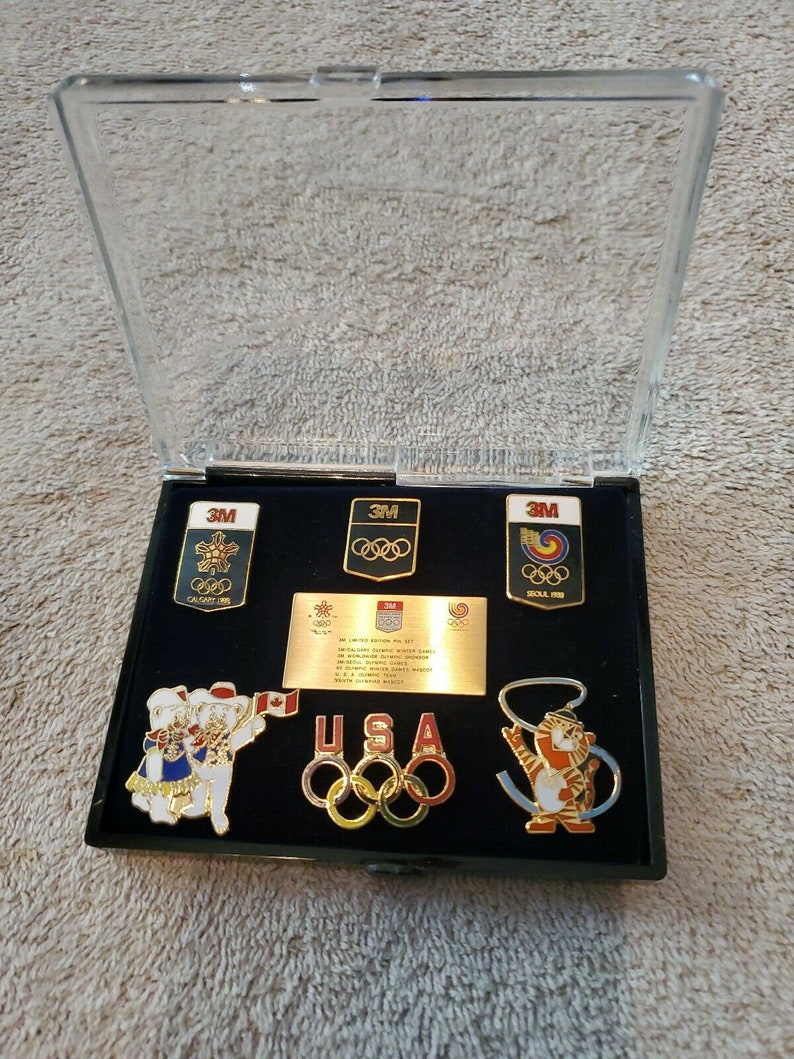 VTG 1988 Olympic Set Lot of 6 3M Limited Edition Pin Tie Tack Hat