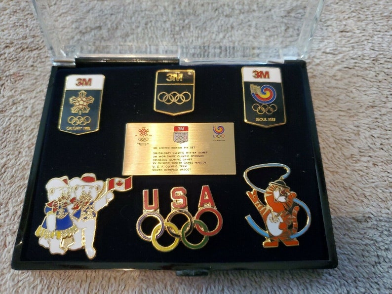 VTG 1988 Olympic Set Lot of 6 3M Limited Edition Pin Tie Tack Hat