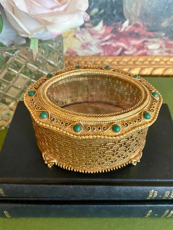 Gold Filigree with Green Stones Jewelry Box