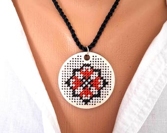 Embroidered amulet pendant necklace gift for her, Handcrafted beaded jewelry (2 inch diameter)