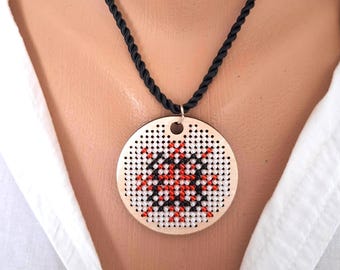 Handcrafted beaded amulet pendant, Folk embroidered pendant necklace gift for her, Ukrainian jewelry gift