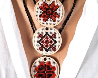 Handcrafted embroidered folk amulet pendant. Artisan beaded necklace gift for her. Beaded Ukrainian jewelry gifts for women and girls