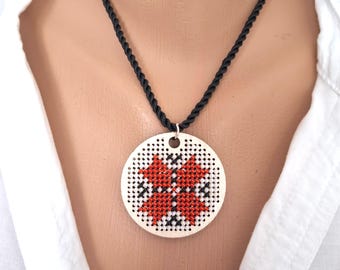 Handcrafted beaded amulet pendant, Folk embroidered pendant necklace Gift for Her, Ukrainian jewelry