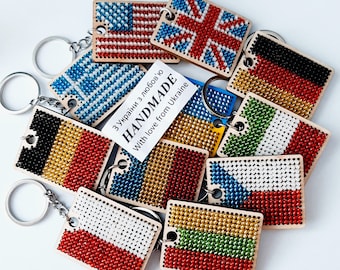 Handmade beaded flag keychain. Embroidered wooden keyring ideal gift