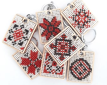 Handmade keychains with folk Ukrainian embroidery on wood, National Ukrainian folk design handmade keyring charms, Favors gift for her