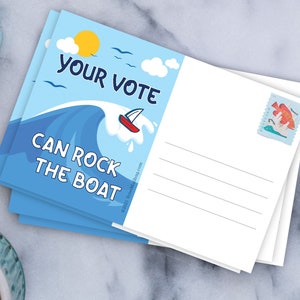 May include: A stack of blue and white postcards with a cartoon wave and sailboat. The text on the postcard reads "Your Vote Can Rock The Boat".
