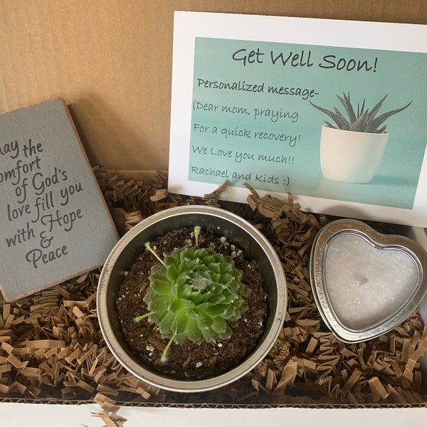 Get Well Soon giftbox personalized card,  your choice of handcrafted wood block sign, mini succulent, vanilla candle Please Read Description