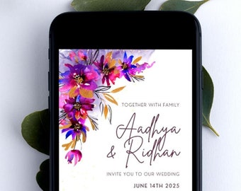 Mobile Purple Floral Wedding Invitation Template, Eggplant Wedding Invitation, Canva Template, Wildflowers Wedding Invitations, Floral Evite