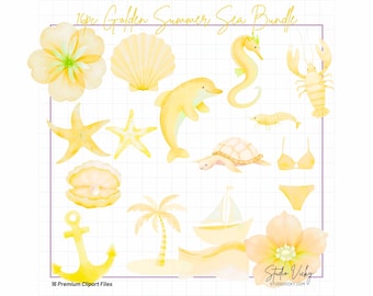 May include: A watercolor illustration titled "16pc Golden Summer Sea Bundle" featuring various sea-themed elements in shades of yellow. Includes a seahorse, dolphin, starfish, seashell, lobster, bikini, and more. "16 Premium Clipart Files" text is also present.