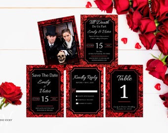 May include: Set of five wedding invitation cards with a black and red color scheme. The cards feature a floral design with red roses and black text. The text on the cards includes "Till Death Do Us Part", "Save The Date", "Kindly Reply", "Table 1", and "Emily & Victor".