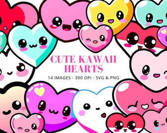 May include: A set of 14 cute kawaii heart illustrations with different expressions and colors. The hearts are outlined in black and have large eyes, smiles, and other facial features. The text "Cute Kawaii Hearts" is in the center of the image, with the text "14 Images - 300 DPI - SVG & PNG" below it.