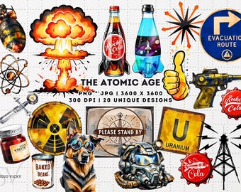 Atomic Age Clipart, Nuclear Fallout PNG Art, 50s Clip Art, Rocket Cola PNG, Bottle Caps png, Dog png, Uranium, Baked Beans, Starburst png