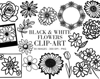 May include: Black and white clip art set of 30 images featuring various flower designs. The set includes roses, daisies, sunflowers, and other floral motifs.  The images are perfect for crafting, scrapbooking, and digital design projects.