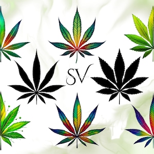 May include: A set of eight cannabis leaf illustrations in various styles. The leaves are depicted in green, black, and rainbow colours. Some leaves have a more realistic style, while others are more stylized.