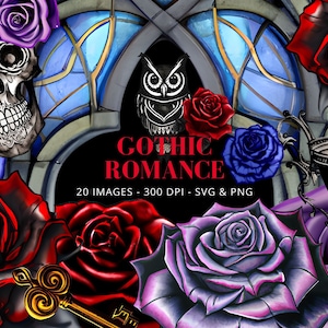 Gothic Romance Clipart Bundle: Skulls, Roses, Keys (SVG & PNG)