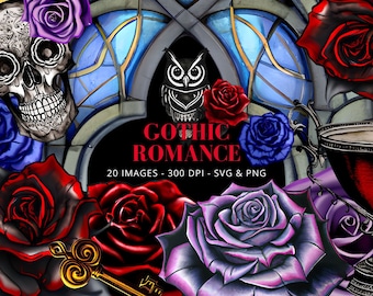 May include: A digital illustration of a gothic romance theme with a skull, roses, an owl, a chalice, and a key. The text "Gothic Romance" is in the center of the image. The image is 300 DPI and includes 20 images in SVG and PNG formats.
