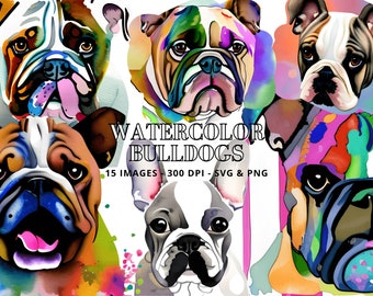 Watercolor Bulldog Clipart Bundle, Dog PNG, Bulldog PNG, Dog Pop Art, Watercolor Dog PNG Designs for Crafting