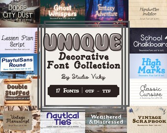 May include: A collection of 17 unique decorative fonts, including script, sans serif, and cursive styles. The image features various font samples with names like "Dodge City Dust," "Ghost Whispers," and "Vintage Scrapbook."