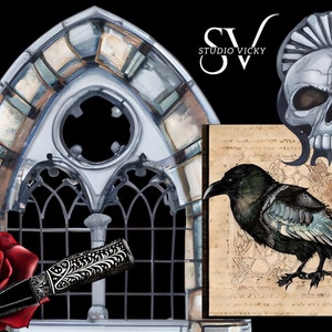 May include: A gothic-style stained glass window with a red rose and a silver dagger in the foreground. A black raven is perched on a parchment paper with a skull and the text "Studio Vicky" in the background.