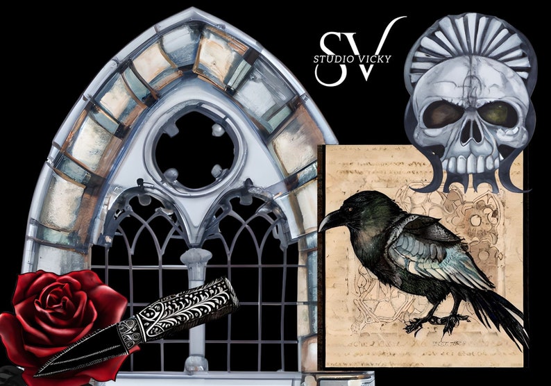 May include: A gothic-style stained glass window with a red rose and a silver dagger in the foreground. A black raven is perched on a parchment paper with a skull and the text "Studio Vicky" in the background.