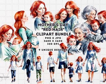 Watercolor Mother's Day Clipart, Redhead Mothers, Mothers Day png, Mothers Day JPG, Mothers Day Clipart, Redhead png, Moms with Red Hair