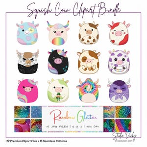 May include: A digital art bundle featuring twelve cartoon cow illustrations in various colors and patterns. The image includes the text "Squish Cow Clipart Bundle" and "Rainbow Glitter". Also included are glitter textures and seamless patterns.