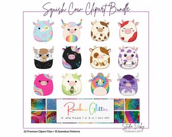 May include: A digital art bundle featuring twelve cartoon cow illustrations in various colors and patterns. The image includes the text "Squish Cow Clipart Bundle" and "Rainbow Glitter". Also included are glitter textures and seamless patterns.