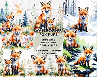 Watercolor Fox Clipart, Fox Pups, Woodland Animal, Cute Baby Fox Illustrations, Foxes, Fox Clipart, Instant Download JPG & PNG Images