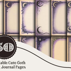 May include: A collection of printable journal pages with a gothic theme. The pages feature a cream-colored background with purple decorative borders, moons, stars, and floral elements. The image includes a circular logo with the number "50" and the text "Printable Cute Goth Junk Journal Pages."