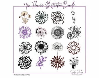 Spring Flower Illustration Bundle: 37pc Hand-Drawn PNG Designs (Digital Download)