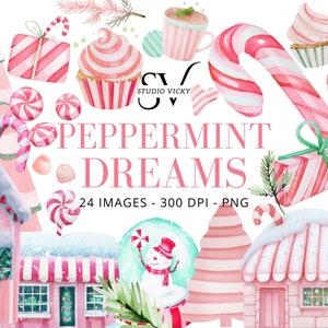 Clipart aquarelle rêves de menthe poivrée : Cannes de bonbon de Noël, village rose (téléchargement instantané)