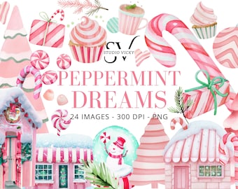 Peppermint Dreams Watercolor Clipart: Christmas Candy Canes, Pink Village (Instant Download)